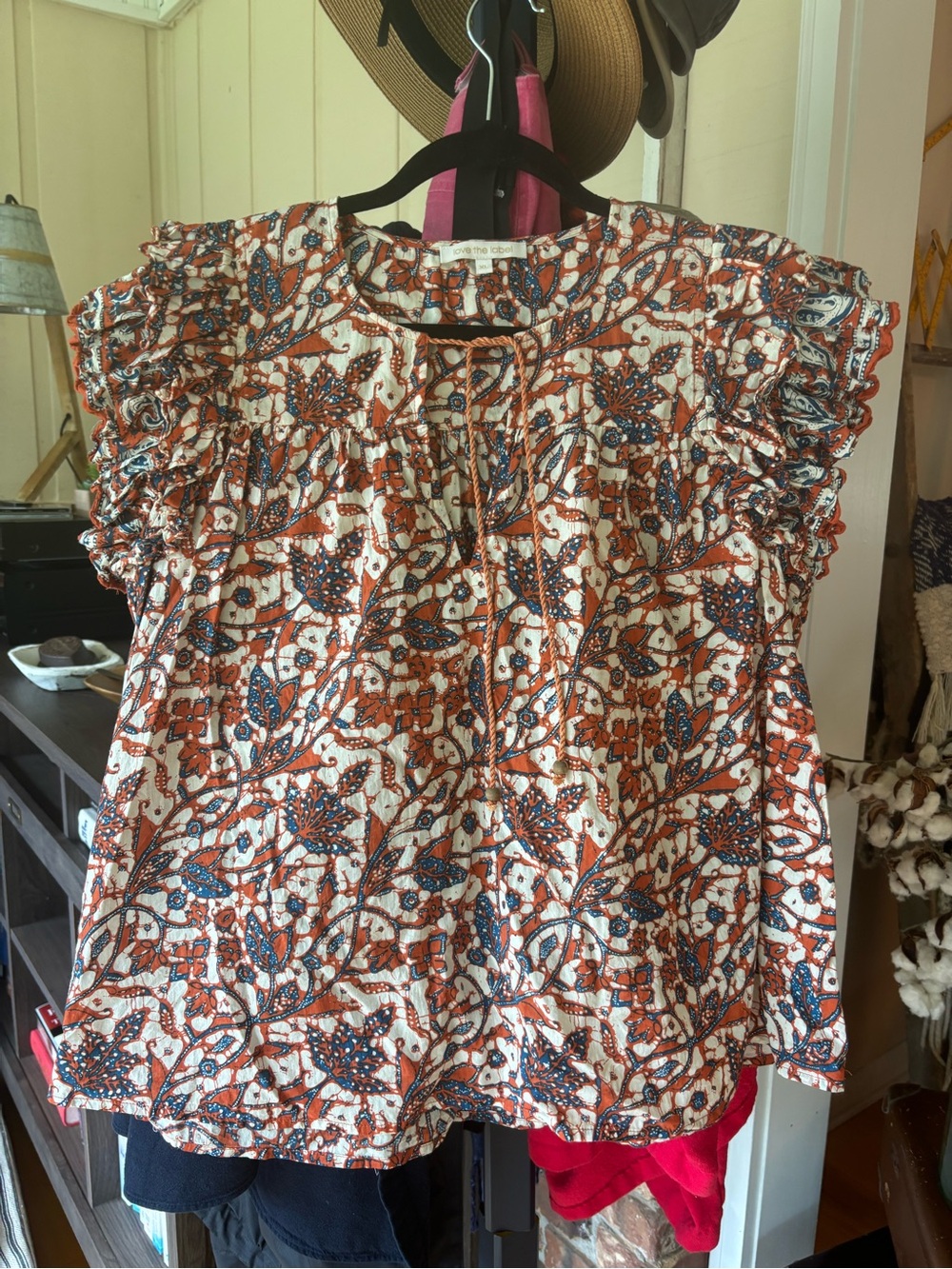 Ruffled Short-Sleeve Batik Style Blouse — Cream & Rust & Blue, 100% cotton